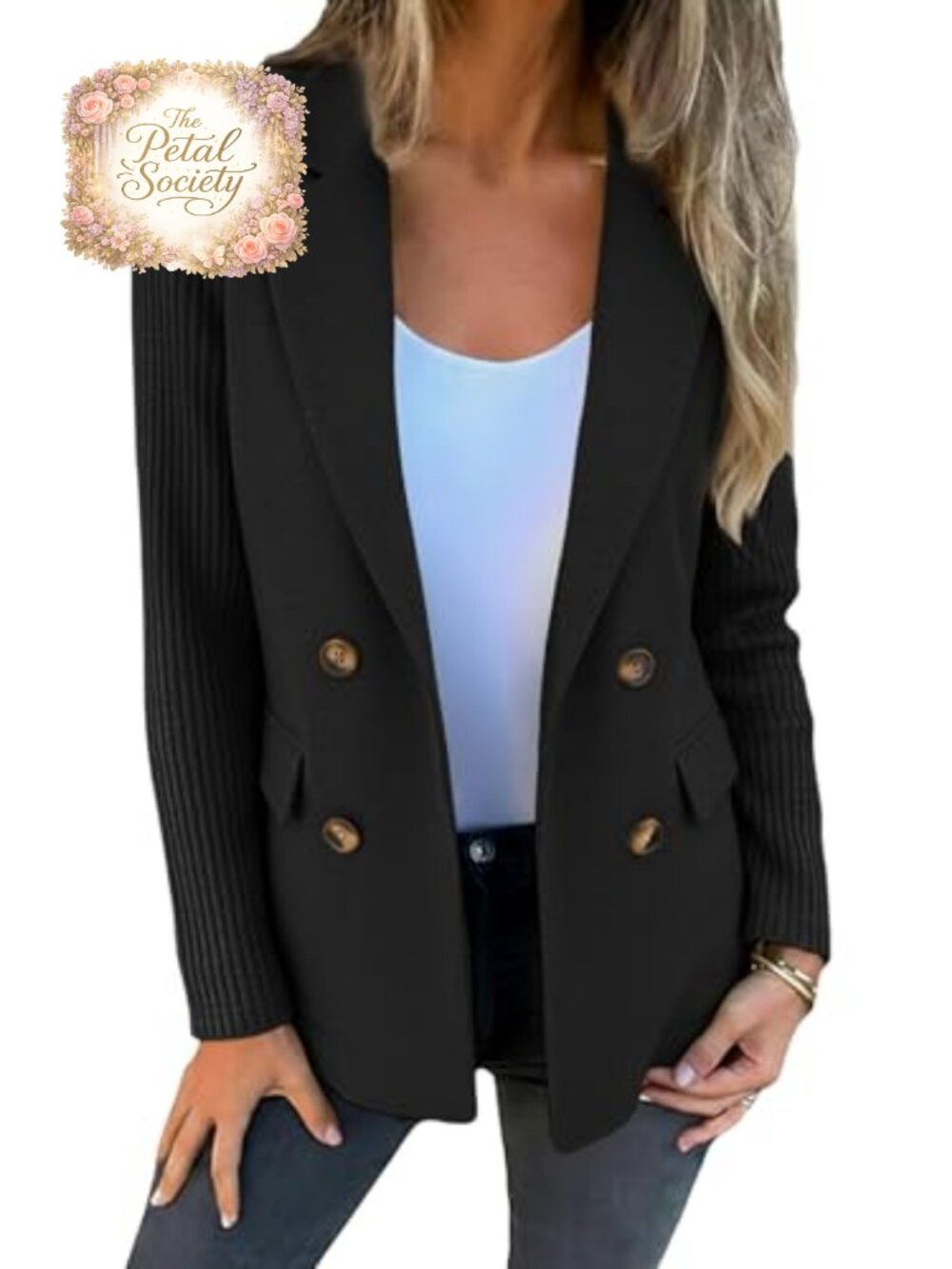 Women Ribbed Knit Sleeve Double Breasted Blazer Coat with Pockets